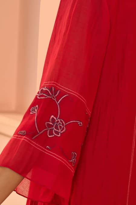 Buy_Vaayu_Red Muslin, Cotton Embroidery V-neck Cherry Kurta And Pant Co-ord Set 