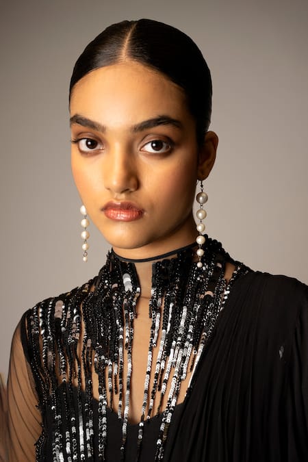 Vivek Patel_Black Crepe Pearls, Sequins, Beads, Glitter High Embellished Ruffle Saree Gown _Online_at_Aza_Fashions