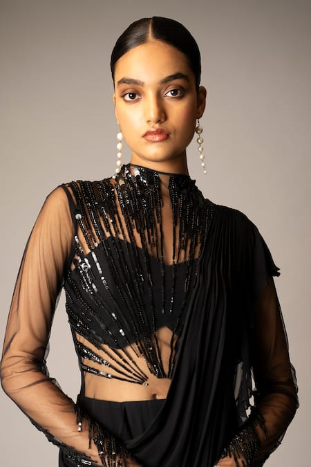 Buy_Vivek Patel_Black Crepe Pearls, Sequins, Beads, Glitter High Embellished Ruffle Saree Gown _Online_at_Aza_Fashions