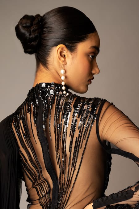 Shop_Vivek Patel_Black Crepe Pearls, Sequins, Beads, Glitter High Embellished Ruffle Saree Gown _Online_at_Aza_Fashions