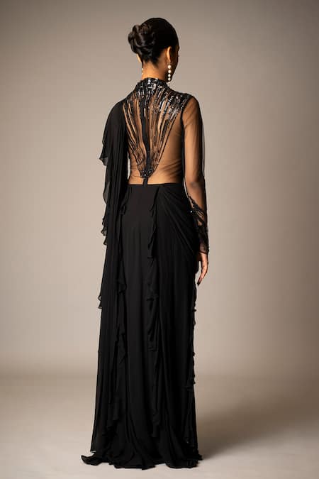Vivek Patel Black Embellished Ruffle Saree Gown