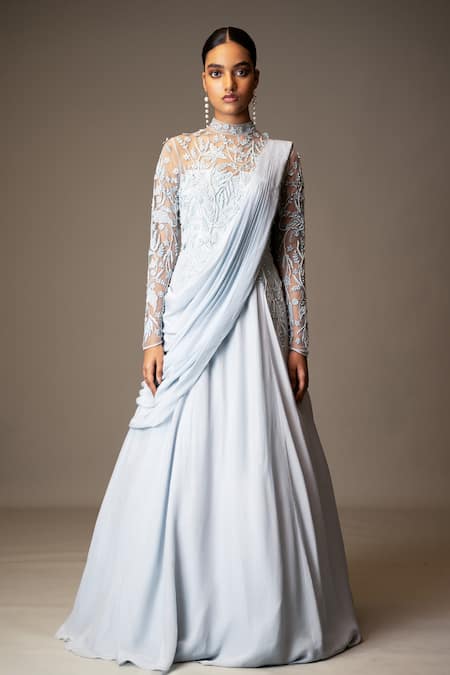 Buy Vivek Patel Blue Crepe Pearls, Sequins, Beads High Embellished Yoke Gown With Shoulder Drape at Aza Fashions Buy_Vivek Patel_Blue Crepe Pearls, Sequins, Beads High Embellished Yoke Gown With Shoulder Drape _at_Aza_Fashions