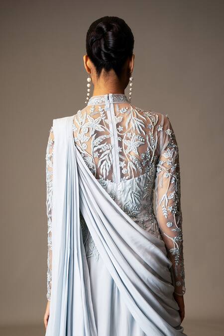 Buy Vivek Patel Blue Crepe Pearls, Sequins, Beads High Embellished Yoke Gown With Shoulder Drape Online at Aza Fashions Buy_Vivek Patel_Blue Crepe Pearls, Sequins, Beads High Embellished Yoke Gown With Shoulder Drape _Online_at_Aza_Fashions