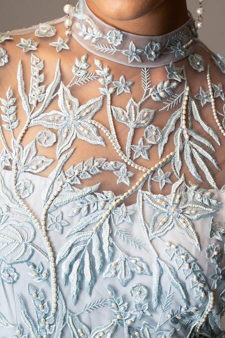 Shop Vivek Patel Blue Crepe Pearls, Sequins, Beads High Embellished Yoke Gown With Shoulder Drape Online at Aza Fashions Shop_Vivek Patel_Blue Crepe Pearls, Sequins, Beads High Embellished Yoke Gown With Shoulder Drape _Online_at_Aza_Fashions