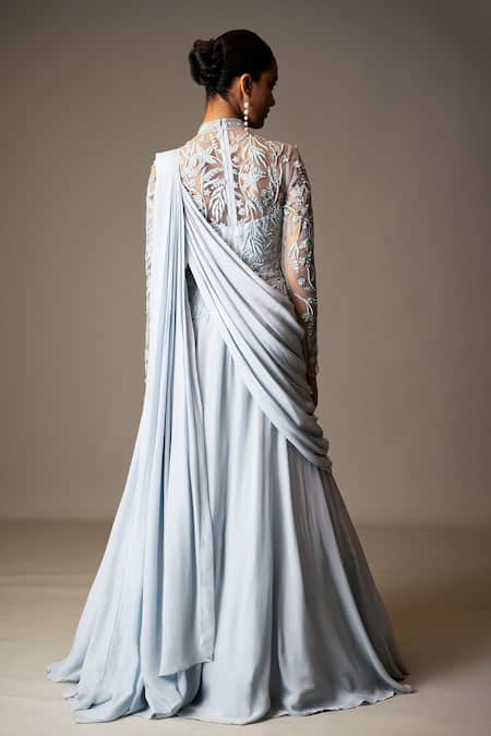 Shop Vivek Patel Blue Crepe Pearls, Sequins, Beads High Embellished Yoke Gown With Shoulder Drape at Aza Fashions Shop_Vivek Patel_Blue Crepe Pearls, Sequins, Beads High Embellished Yoke Gown With Shoulder Drape _at_Aza_Fashions