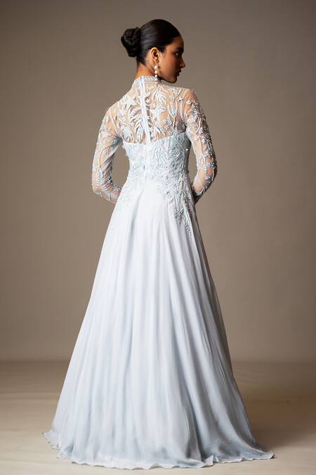 Vivek Patel Blue Crepe Pearls, Sequins, Beads High Embellished Yoke Gown With Shoulder Drape Online at Aza Fashions Vivek Patel_Blue Crepe Pearls, Sequins, Beads High Embellished Yoke Gown With Shoulder Drape _Online_at_Aza_Fashions