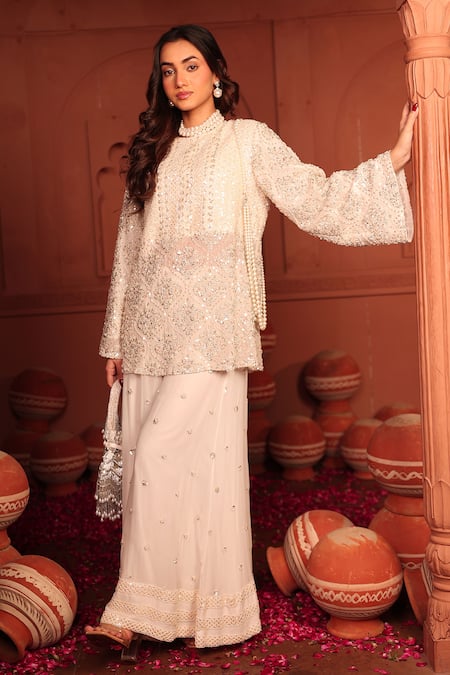 Buy_Tasuvure Indes_White Georgette, Chiffon Embroidery, Sequins, Cut Inaari Kurta And Sharara Set _Online_at_Aza_Fashions