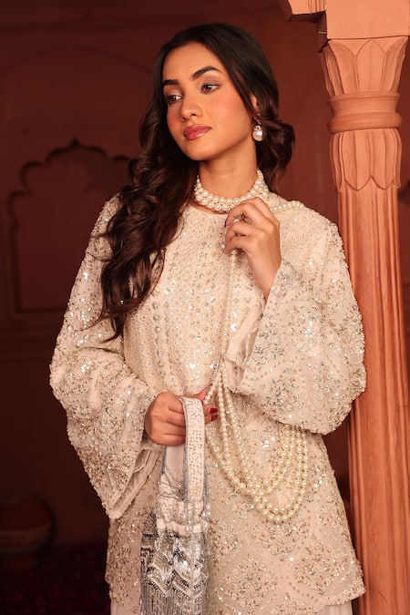 Shop_Tasuvure Indes_White Georgette, Chiffon Embroidery, Sequins, Cut Inaari Kurta And Sharara Set _Online_at_Aza_Fashions