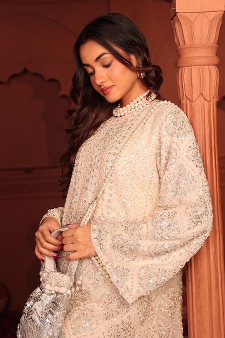 Tasuvure Indes_White Georgette, Chiffon Embroidery, Sequins, Cut Inaari Kurta And Sharara Set _at_Aza_Fashions