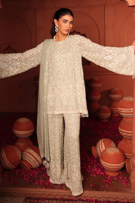 Shop_Tasuvure Indes_Sky Blue Georgette, Chiffon Embroidery, Inaaya Cutdana Kurta Sharara Set _Online_at_Aza_Fashions
