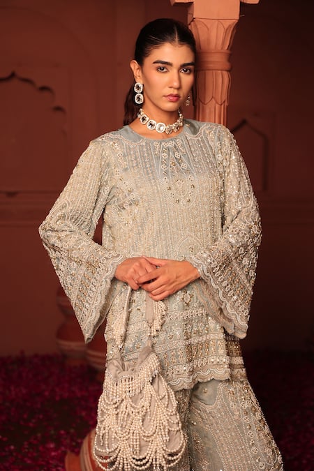 Shop_Tasuvure Indes_Blue Georgette, Chiffon Sequins, Crystals, Inaaya Kurta And Sharara Set _Online_at_Aza_Fashions