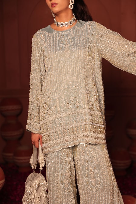 Tasuvure Indes_Blue Georgette, Chiffon Sequins, Crystals, Inaaya Kurta And Sharara Set _at_Aza_Fashions