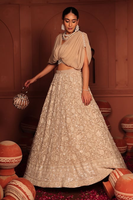 Tasuvure Indes_Beige Georgette, Chiffon Cut Work, Sequins, Inaaya Cutdana Lehenga And Blouse Set _Online_at_Aza_Fashions