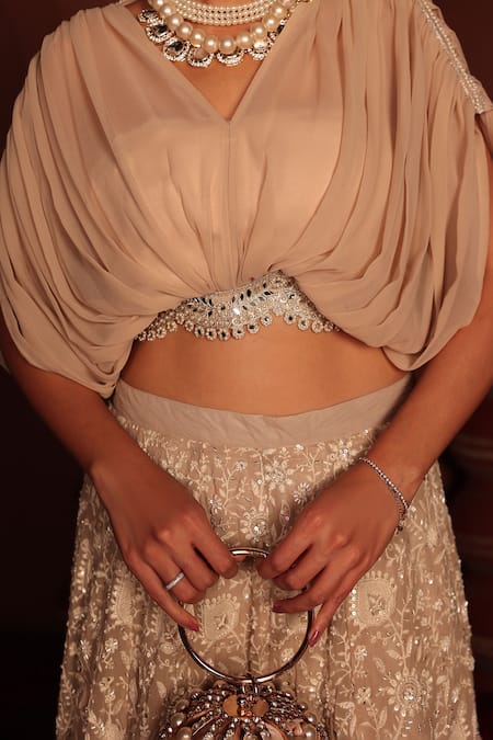 Buy_Tasuvure Indes_Beige Georgette, Chiffon Cut Work, Sequins, Inaaya Cutdana Lehenga And Blouse Set _Online_at_Aza_Fashions