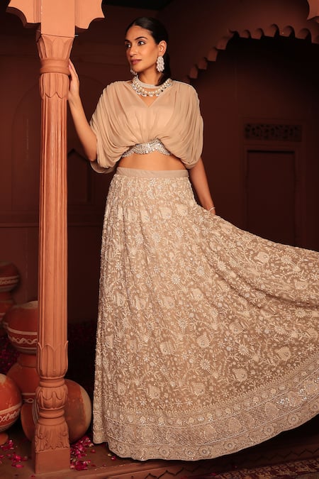 Shop_Tasuvure Indes_Beige Georgette, Chiffon Cut Work, Sequins, Inaaya Cutdana Lehenga And Blouse Set _Online_at_Aza_Fashions