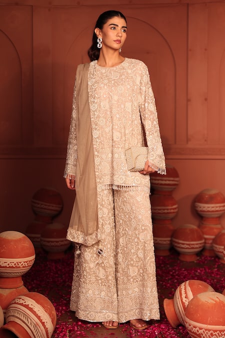 Buy_Tasuvure Indes_Beige Georgette, Chiffon Sequins, Embroidery Inaaya Cutdana Kurta Sharara Set _Online_at_Aza_Fashions