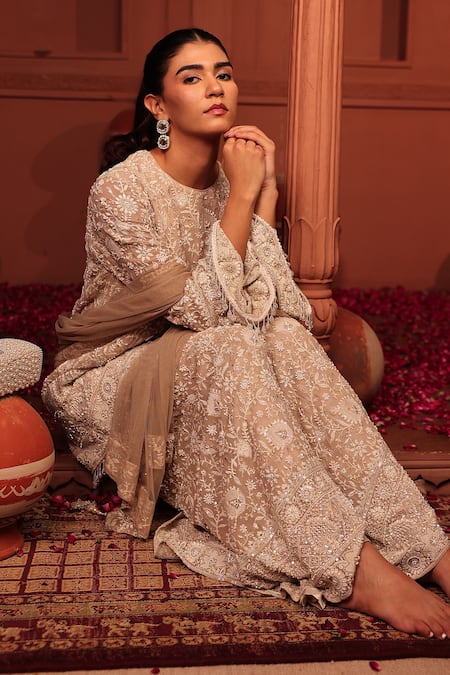 Tasuvure Indes_Beige Georgette, Chiffon Sequins, Embroidery Inaaya Cutdana Kurta Sharara Set _at_Aza_Fashions