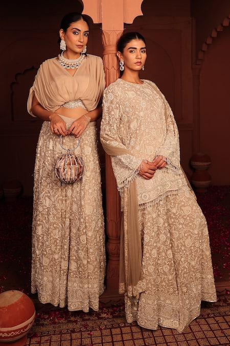 Buy_Tasuvure Indes_Beige Georgette, Chiffon Sequins, Embroidery Inaaya Cutdana Kurta Sharara Set 