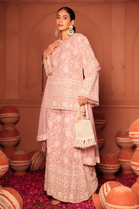 Tasuvure Indes_Pink Georgette, Chiffon Sequins, Embroidery Inaaya Crystal Kurta Sharara Set _Online_at_Aza_Fashions