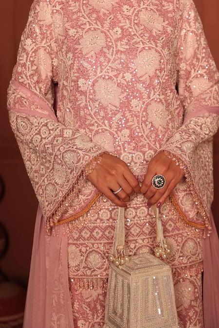 Shop_Tasuvure Indes_Pink Georgette, Chiffon Sequins, Embroidery Inaaya Crystal Kurta Sharara Set _Online_at_Aza_Fashions