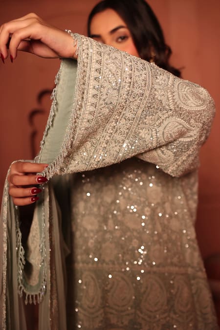 Tasuvure Indes_Sky Blue Georgette, Chiffon Sequins, Inaaya Embroidered Kurta Sharara Set _Online_at_Aza_Fashions