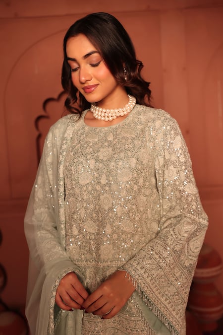 Buy_Tasuvure Indes_Sky Blue Georgette, Chiffon Sequins, Inaaya Embroidered Kurta Sharara Set _Online_at_Aza_Fashions