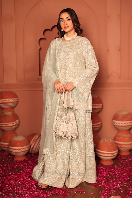 Shop_Tasuvure Indes_Sky Blue Georgette, Chiffon Sequins, Inaaya Embroidered Kurta Sharara Set _Online_at_Aza_Fashions