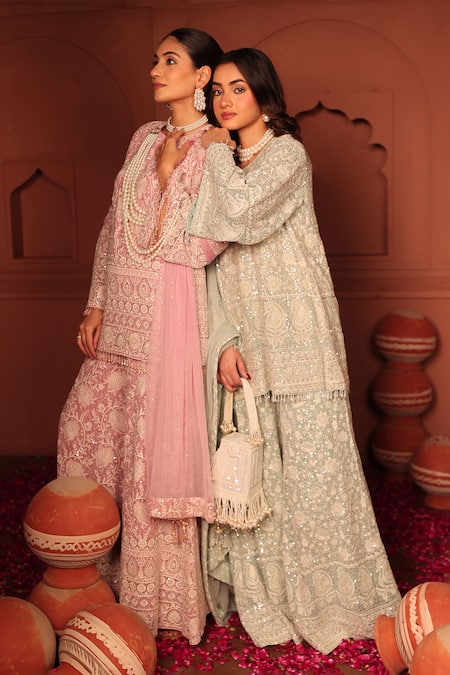 Tasuvure Indes_Sky Blue Georgette, Chiffon Sequins, Inaaya Embroidered Kurta Sharara Set _at_Aza_Fashions