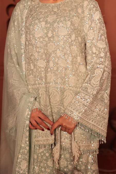 Buy_Tasuvure Indes_Sky Blue Georgette, Chiffon Sequins, Inaaya Embroidered Kurta Sharara Set 