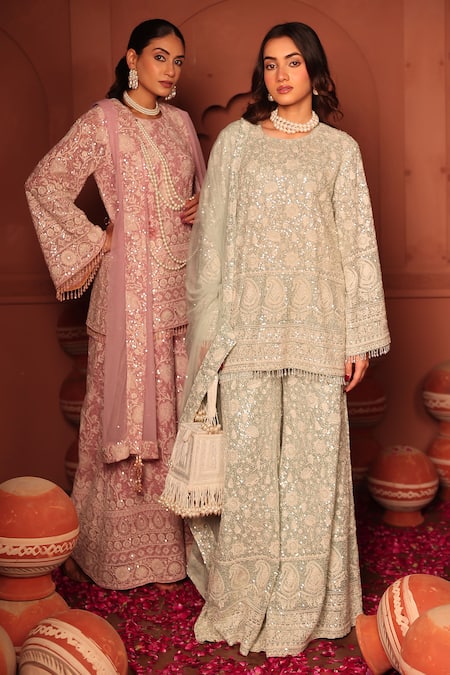 Shop_Tasuvure Indes_Sky Blue Georgette, Chiffon Sequins, Inaaya Embroidered Kurta Sharara Set 