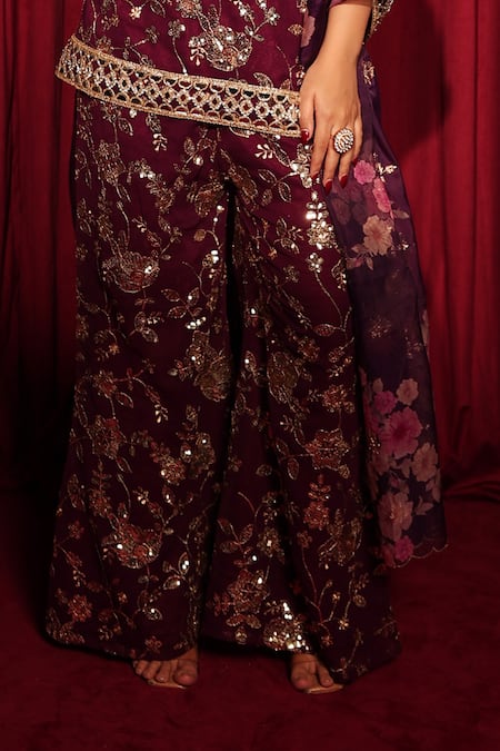 Tasuvure Indes_Maroon Georgette, Chiffon Sequins, Zaira Zardozi Embroidered Kurta And Sharara Set _Online_at_Aza_Fashions