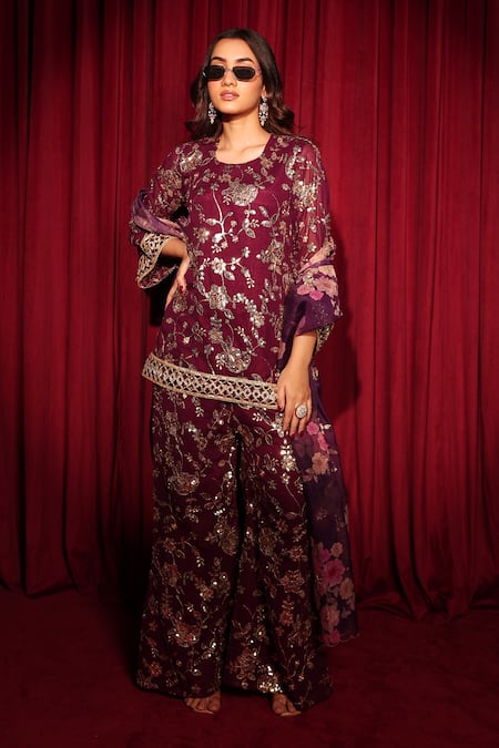Shop_Tasuvure Indes_Maroon Georgette, Chiffon Sequins, Zaira Zardozi Embroidered Kurta And Sharara Set _Online_at_Aza_Fashions