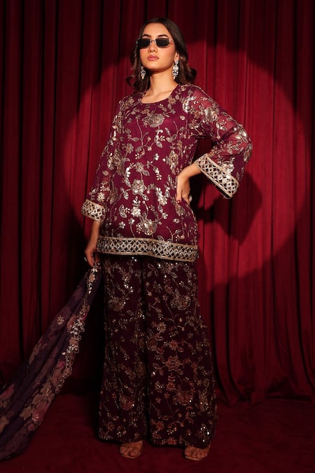Tasuvure Indes_Maroon Georgette, Chiffon Sequins, Zaira Zardozi Embroidered Kurta And Sharara Set _at_Aza_Fashions