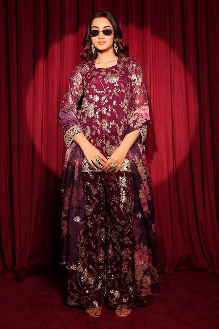 Buy_Tasuvure Indes_Maroon Georgette, Chiffon Sequins, Zaira Zardozi Embroidered Kurta And Sharara Set 
