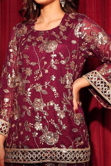 Shop_Tasuvure Indes_Maroon Georgette, Chiffon Sequins, Zaira Zardozi Embroidered Kurta And Sharara Set 