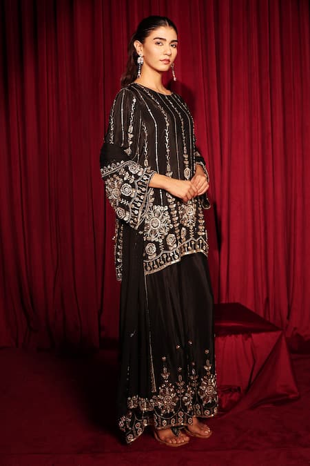 Tasuvure Indes_Black Georgette, Chanderi, Chiffon Embroidery, Inaari Cutdana Kurta Sharara Set _Online_at_Aza_Fashions