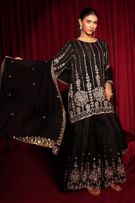 Buy_Tasuvure Indes_Black Georgette, Chanderi, Chiffon Embroidery, Inaari Cutdana Kurta Sharara Set _Online_at_Aza_Fashions