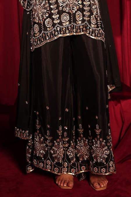 Shop Tasuvure Indes Black Georgette, Chanderi, Chiffon Embroidery, Inaari Cutdana Kurta Sharara Set Online at Aza Fashions Shop_Tasuvure Indes_Black Georgette, Chanderi, Chiffon Embroidery, Inaari Cutdana Kurta Sharara Set _Online_at_Aza_Fashions