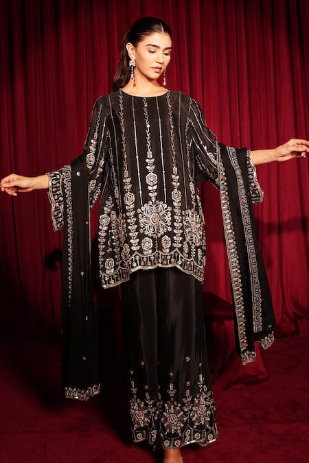 Tasuvure Indes_Black Georgette, Chanderi, Chiffon Embroidery, Inaari Cutdana Kurta Sharara Set _at_Aza_Fashions