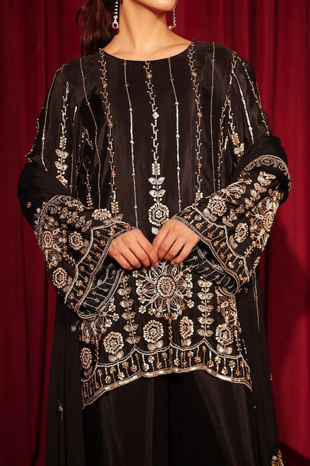 Buy_Tasuvure Indes_Black Georgette, Chanderi, Chiffon Embroidery, Inaari Cutdana Kurta Sharara Set 