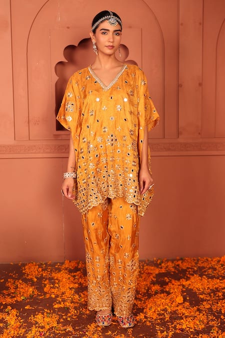 Tasuvure Indes_Mustard Georgette, Chiffon Mirrors, Zari, Aaina Adaa Work Kaftan And Pant Set _Online_at_Aza_Fashions
