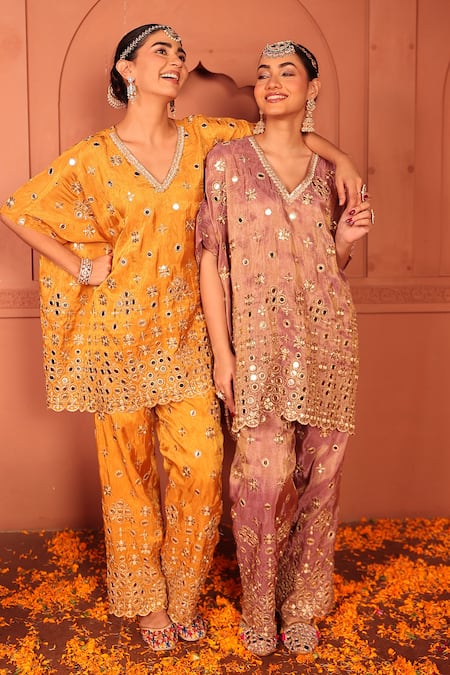 Buy_Tasuvure Indes_Mustard Georgette, Chiffon Mirrors, Zari, Aaina Adaa Work Kaftan And Pant Set _Online_at_Aza_Fashions
