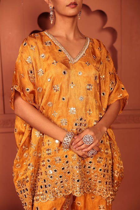 Shop_Tasuvure Indes_Mustard Georgette, Chiffon Mirrors, Zari, Aaina Adaa Work Kaftan And Pant Set _Online_at_Aza_Fashions