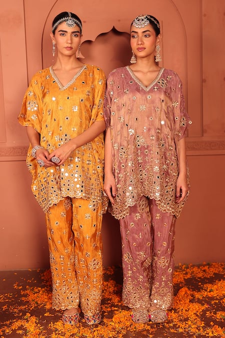 Tasuvure Indes_Mustard Georgette, Chiffon Mirrors, Zari, Aaina Adaa Work Kaftan And Pant Set _at_Aza_Fashions