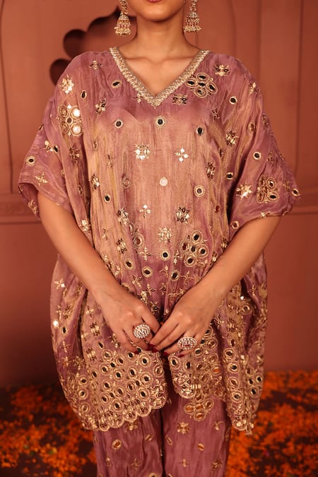 Tasuvure Indes_Purple Georgette, Chiffon Mirrors, Zari, Embroidery Aaina Adaa Work Kaftan Set _Online_at_Aza_Fashions