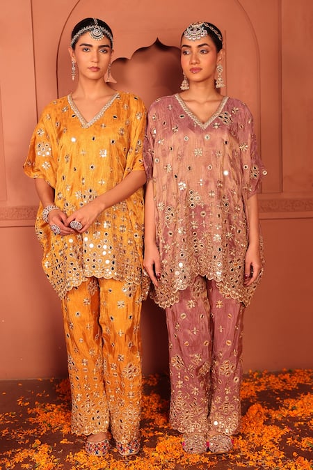 Buy_Tasuvure Indes_Purple Georgette, Chiffon Mirrors, Zari, Embroidery Aaina Adaa Work Kaftan Set _Online_at_Aza_Fashions