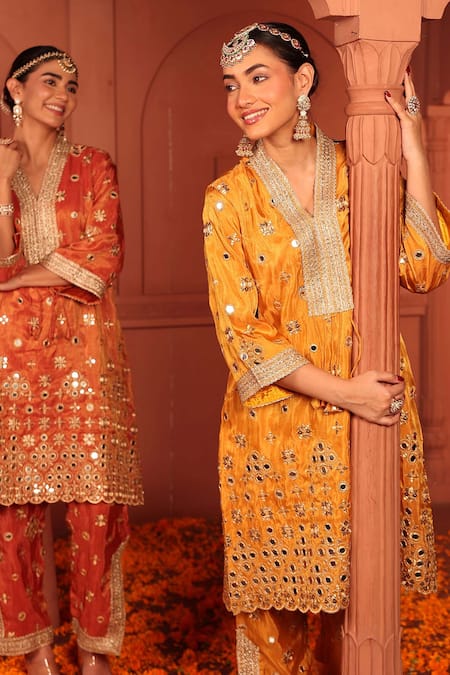 Tasuvure Indes_Yellow Georgette, Chiffon Mirrors, Zari, Embroidery Aaina Adaa Kurta And Pant Set _Online_at_Aza_Fashions