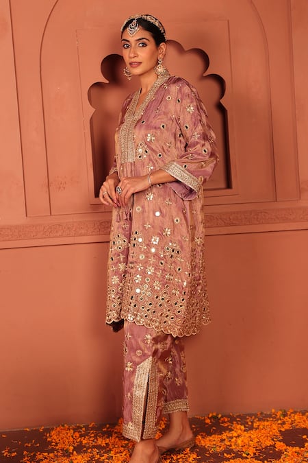 Tasuvure Indes_Purple Georgette, Chiffon Mirrors, Embroidery, Zari Aaina Adaa Tunic And Pant Set _Online_at_Aza_Fashions