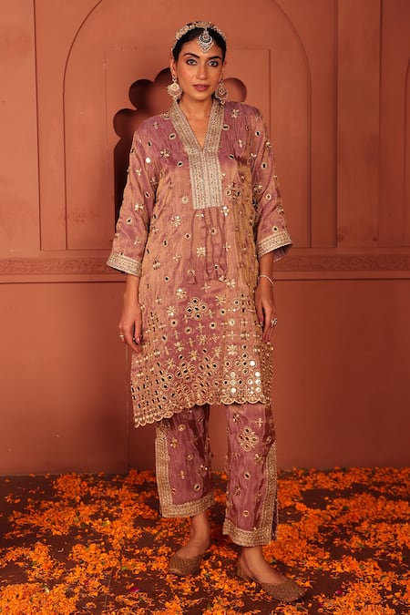 Buy_Tasuvure Indes_Purple Georgette, Chiffon Mirrors, Embroidery, Zari Aaina Adaa Tunic And Pant Set _Online_at_Aza_Fashions