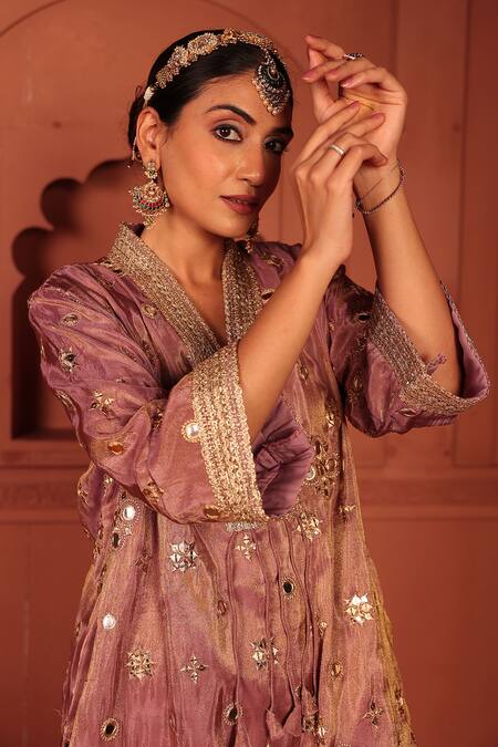 Shop_Tasuvure Indes_Purple Georgette, Chiffon Mirrors, Embroidery, Zari Aaina Adaa Tunic And Pant Set _Online_at_Aza_Fashions